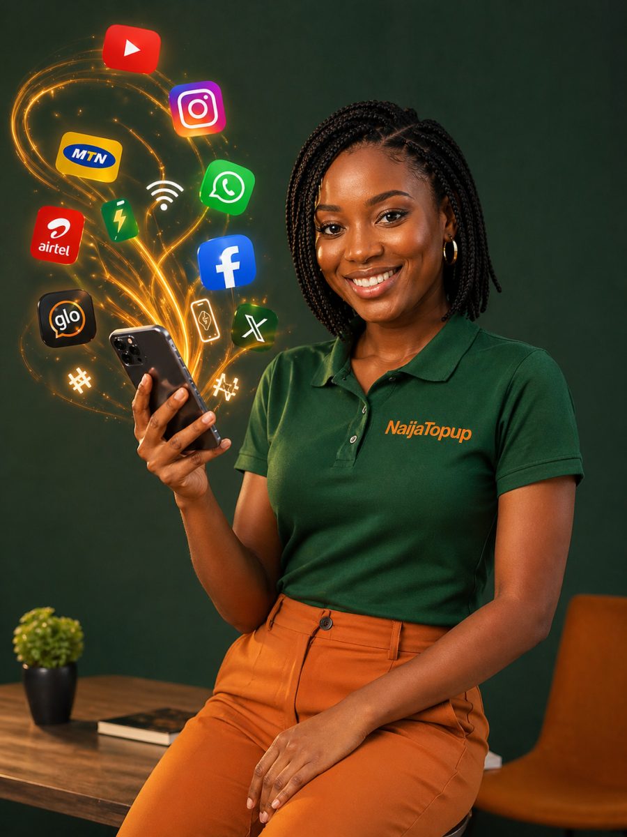NaijaTopup model in branded polo holding a phone with service icons